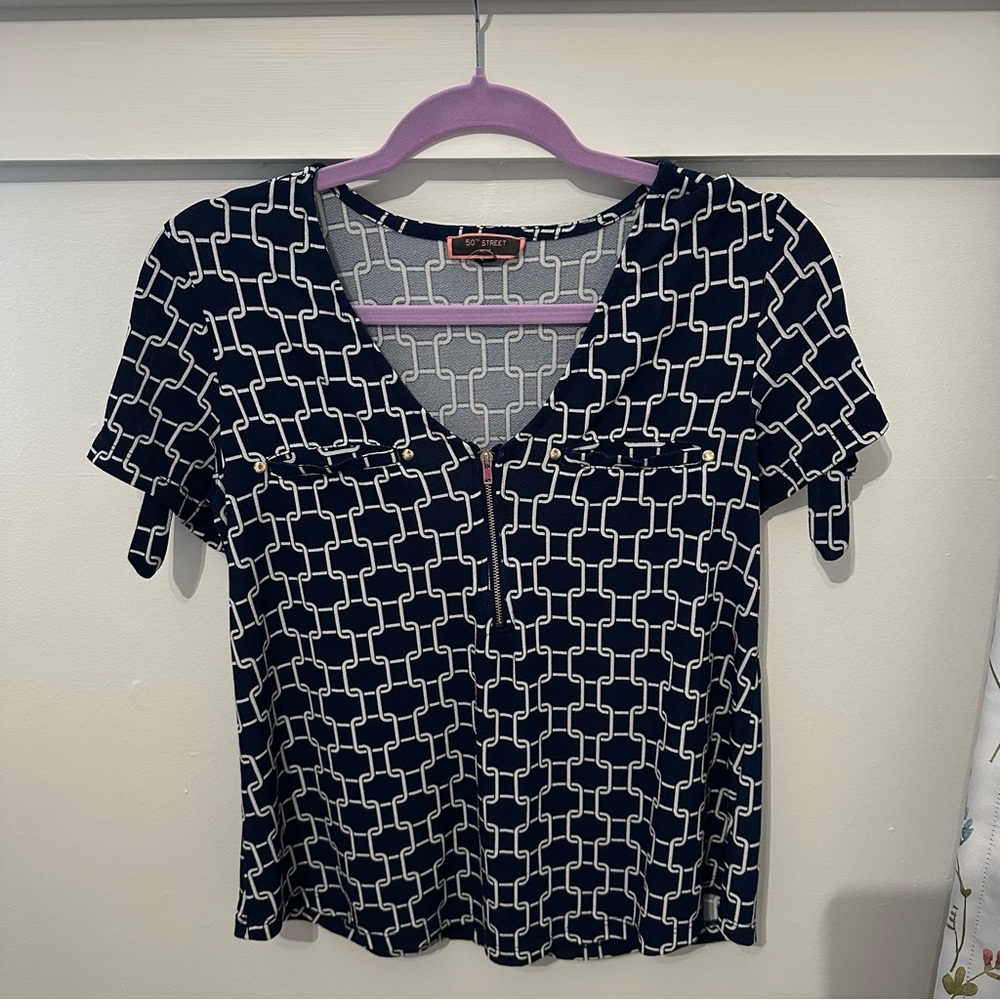 Navy and White Women's Top